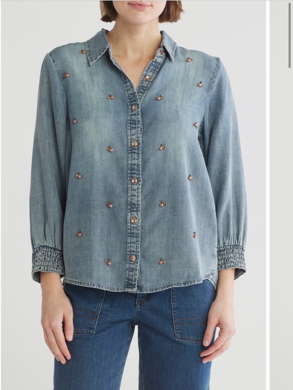Democracy Washed Denim Button-Down Shirt with Bead Accents in Blue